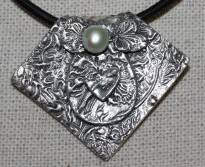 fine silver, fresh water pearl, heart, dragonfly7, pendant, leather,