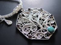 Magic Portal Argentium Sterling Silver Filigree Medallion and chain with Turquoise and Garnet gemstones
