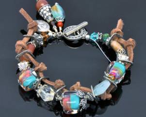 Lampwork Bead Bracelet -Artisan Handmade Boro Cube- Bali Silver -Shades of Turquise, Magenta & Purple